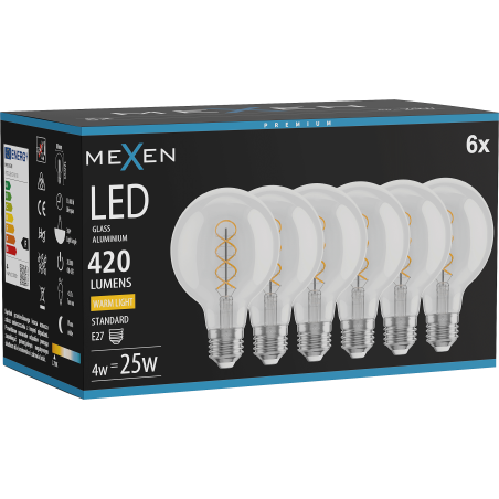 Mexen Vintis 6x žárovka filament spirála LED E27, G80, 4W, Teplá - 2700K, 420 lm, čirá - L165-E27-0427-00x06