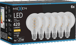 Mexen Vintis 6x žárovka filament spirála LED E27, G80, 4W, Teplá - 2700K, 420 lm, čirá - L165-E27-0427-00x06
