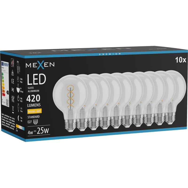 Mexen Vintis 10x žárovka filament spirála LED E27, G80, 4W, Teplá - 2700K, 420 lm, čirá - L165-E27-0427-00x10