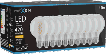 Mexen Vintis 10x žárovka filament spirála LED E27, G80, 4W, Teplá - 2700K, 420 lm, čirá - L165-E27-0427-00x10