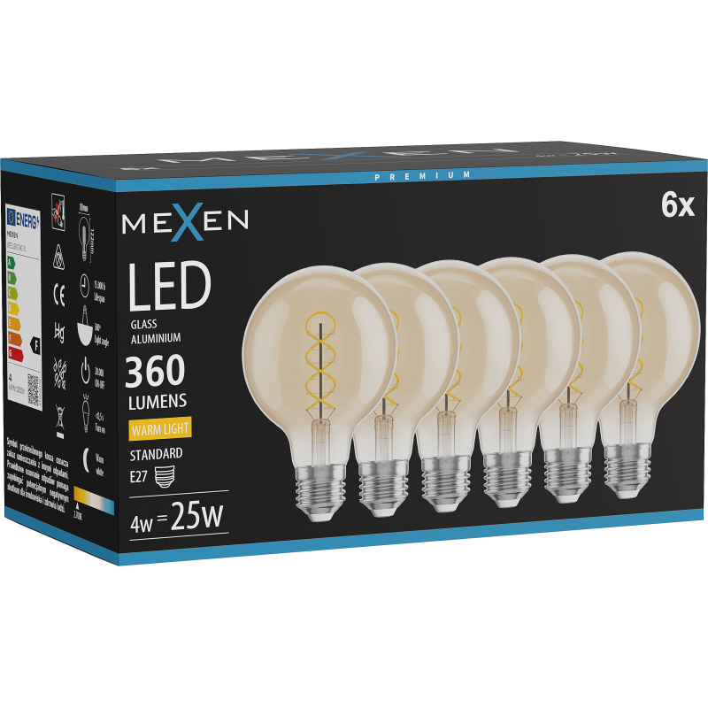 Mexen Vintis 6x žárovka filament spirála LED E27, G80, 4W, Teplá - 2700K, 360 lm, amber - L165-E27-0427-50x06