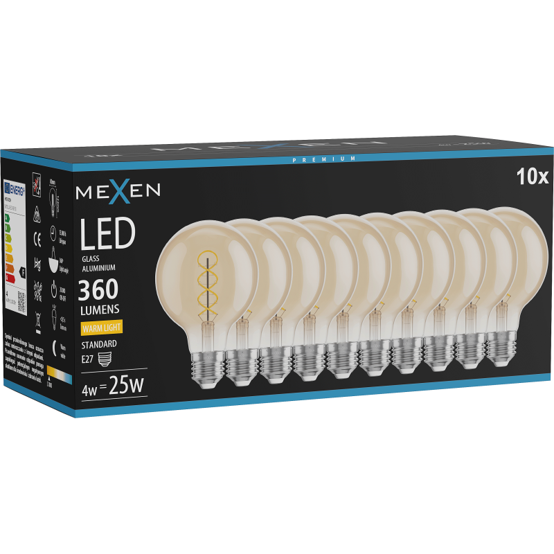 Mexen Vintis 10x žárovka filament spirála LED E27, G80, 4W, Teplá - 2700K, 360 lm, amber - L165-E27-0427-50x10