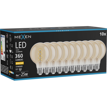 Mexen Vintis 10x žárovka filament spirála LED E27, G80, 4W, Teplá - 2700K, 360 lm, amber - L165-E27-0427-50x10