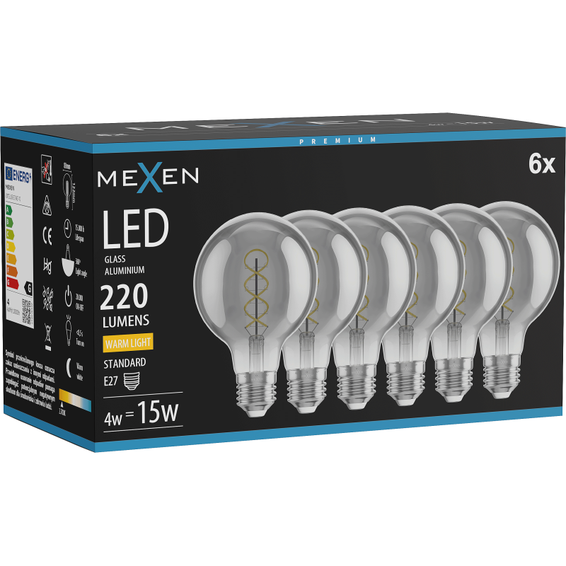 Mexen Vintis 6x žárovka filament spirála LED E27, G80, 4W, Teplá - 2700K, 220 lm, kouřová - L165-E27-0427-70x06