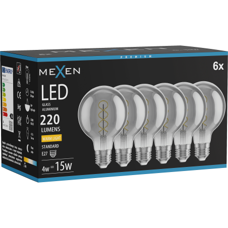 Mexen Vintis 6x žárovka filament spirála LED E27, G80, 4W, Teplá - 2700K, 220 lm, kouřová - L165-E27-0427-70x06