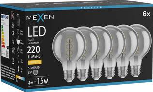 Mexen Vintis 6x žárovka filament spirála LED E27, G80, 4W, Teplá - 2700K, 220 lm, kouřová - L165-E27-0427-70x06