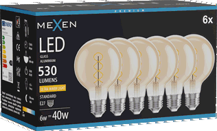Mexen Vintis 6x žárovka filament spirála LED E27, G80, 6W, Teplá - 2200K, 530 lm, jantarová - L165-E27-0622-50x06
