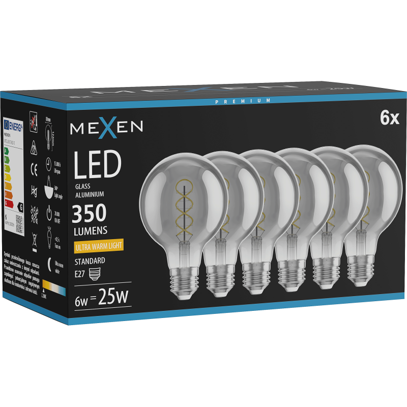 Mexen Vintis 6x žárovka filament spirála LED E27, G80, 6W, Teplá - 2200K, 350 lm, smoke - L165-E27-0622-70x06