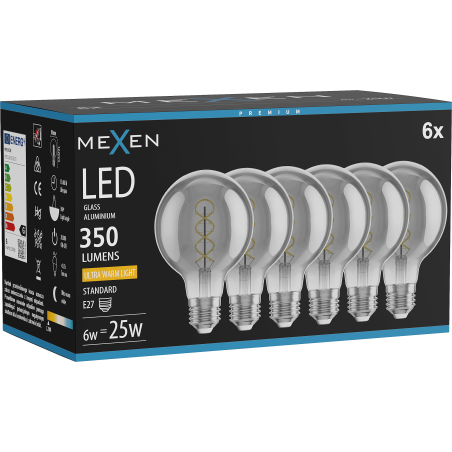 Mexen Vintis 6x žárovka filament spirála LED E27, G80, 6W, Teplá - 2200K, 350 lm, smoke - L165-E27-0622-70x06