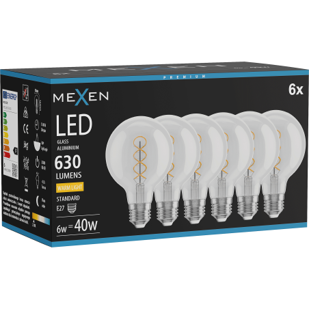 Mexen Vintis 6x žárovka filament spirála LED E27, G80, 6W, Teplá - 2700K, 630 lm, čirá - L165-E27-0627-00x06