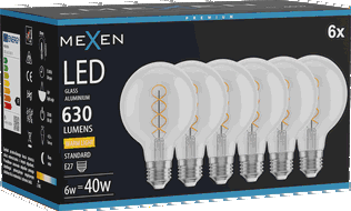 Mexen Vintis 6x žárovka filament spirála LED E27, G80, 6W, Teplá - 2700K, 630 lm, čirá - L165-E27-0627-00x06