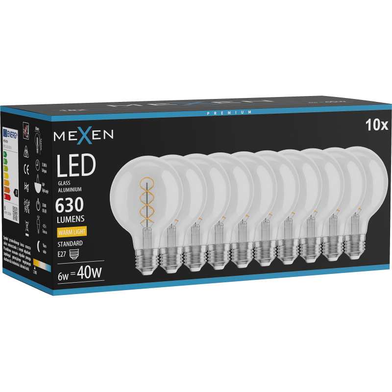 Mexen Vintis 10x žárovka filament spirála LED E27, G80, 6W, Teplá - 2700K, 630 lm, čirá - L165-E27-0627-00x10