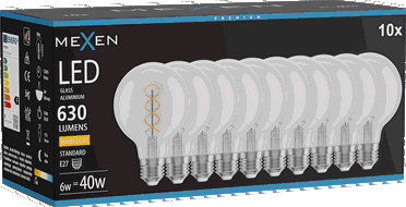 Mexen Vintis 10x žárovka filament spirála LED E27, G80, 6W, Teplá - 2700K, 630 lm, čirá - L165-E27-0627-00x10
