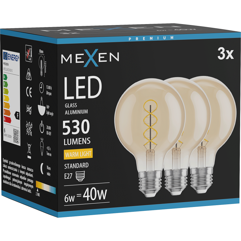 Mexen Vintis 3x Žárovka LED filament spirála E27, G80, 6W, Teplá - 2700K, 530 lm, jantarová - L165-E27-0627-50x03