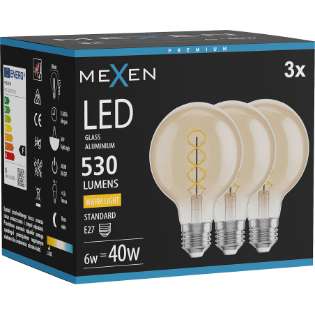 Mexen Vintis 3x Žárovka LED filament spirála E27, G80, 6W, Teplá - 2700K, 530 lm, jantarová - L165-E27-0627-50x03