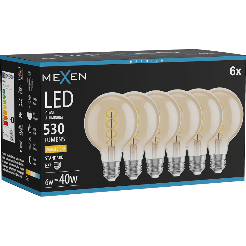 Mexen Vintis 6x žárovka filament spirála LED E27, G80, 6W, Teplá - 2700K, 530 lm, amber - L165-E27-0627-50x06