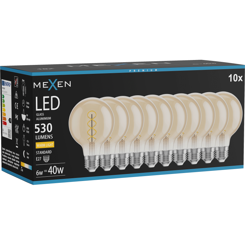 Mexen Vintis 10x Žárovka filament spirála LED E27, G80, 6W, Teplá - 2700K, 530 lm, amber - L165-E27-0627-50x10
