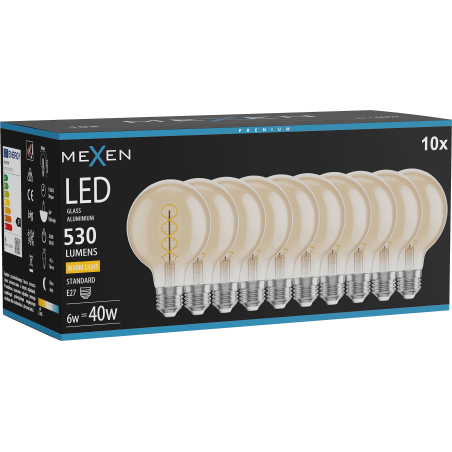 Mexen Vintis 10x Žárovka filament spirála LED E27, G80, 6W, Teplá - 2700K, 530 lm, amber - L165-E27-0627-50x10