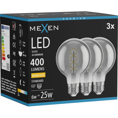 Mexen Vintis 3x žárovka filament spirála LED E27, G80, 6W, Teplá - 2700K, 400 lm, kouřová - L165-E27-0627-70x03