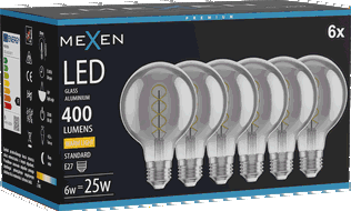 Mexen Vintis 6x LED žárovka filament spirála E27, G80, 6W, Teplá - 2700K, 400 lm, kouřová - L165-E27-0627-70x06