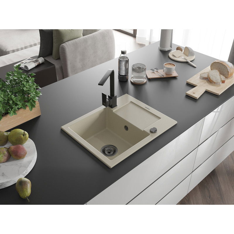 Mexen Enzo granitový dřez 1-komorový s odkapávačem a kuchyňskou baterií Rita, béžový - 6506-69-670300-70