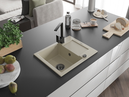 Mexen Enzo granitový dřez 1-komorový s odkapávačem a kuchyňskou baterií Rita, béžový - 6506-69-670300-70