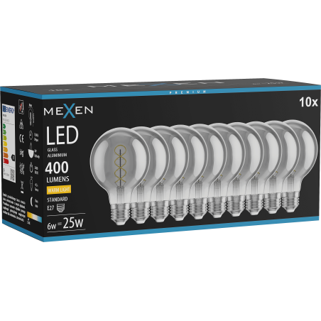 Mexen Vintis 10x Žárovka filament spirála LED E27, G80, 6W, Teplá - 2700K, 400 lm, smoke - L165-E27-0627-70x10