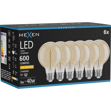 Mexen Vintis 6x žárovka filament spirála LED E27, G80, 8W, Teplá - 2200K, 600 lm, jantarová - L165-E27-0822-50x06