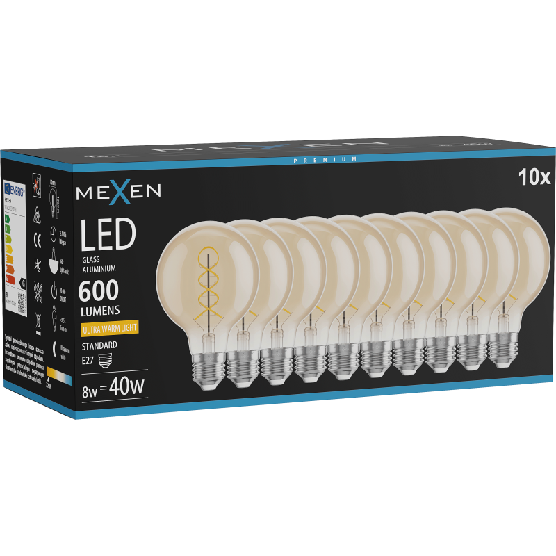Mexen Vintis 10x žárovka filament spirála LED E27, G80, 8W, Teplá - 2200K, 600 lm, amber - L165-E27-0822-50x10