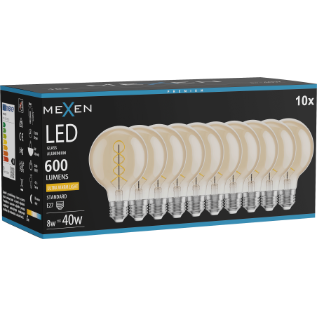 Mexen Vintis 10x žárovka filament spirála LED E27, G80, 8W, Teplá - 2200K, 600 lm, amber - L165-E27-0822-50x10