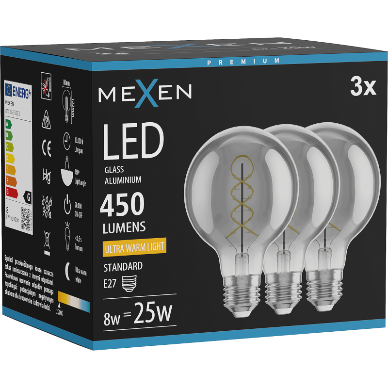 Mexen Vintis 3x žárovka filament spirála LED E27, G80, 8W, Teplá - 2200K, 450 lm, kouřová - L165-E27-0822-70x03