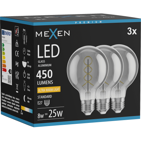 Mexen Vintis 3x žárovka filament spirála LED E27, G80, 8W, Teplá - 2200K, 450 lm, kouřová - L165-E27-0822-70x03