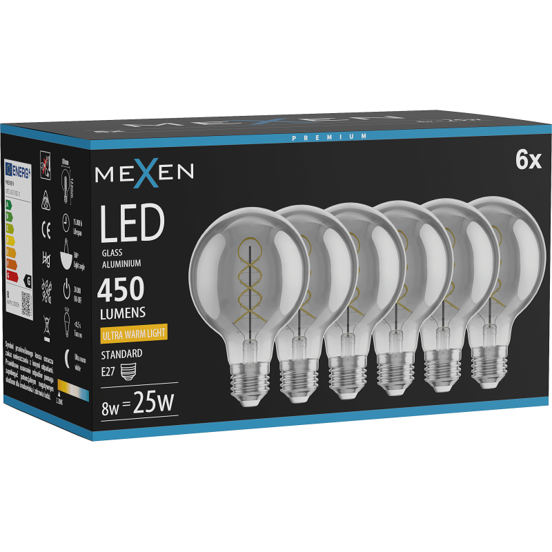 Mexen Vintis 6x žárovka filament spirála LED E27, G80, 8W, Teplá - 2200K, 450 lm, smoke - L165-E27-0822-70x06