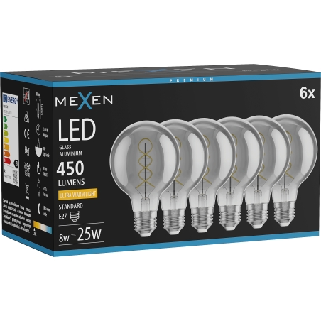 Mexen Vintis 6x žárovka filament spirála LED E27, G80, 8W, Teplá - 2200K, 450 lm, smoke - L165-E27-0822-70x06
