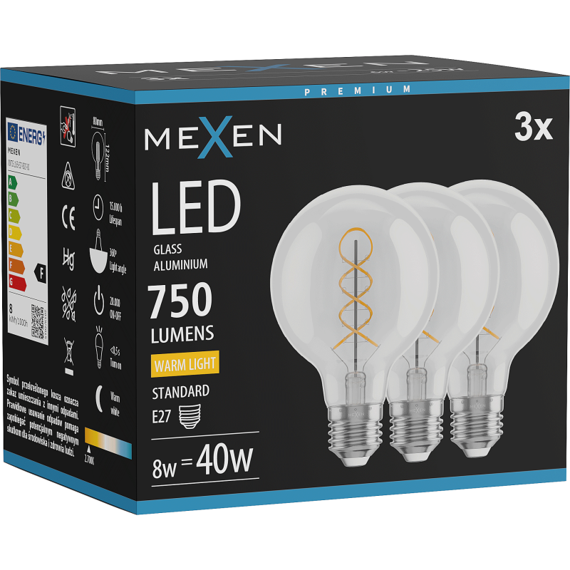 Mexen Vintis 3x Žárovka filament spirala LED E27, G80, 8W, Teplá - 2700K, 750 lm, čirá - L165-E27-0827-00x03