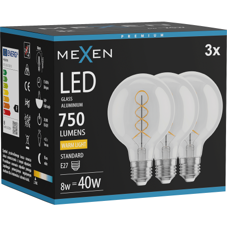 Mexen Vintis 3x Žárovka filament spirala LED E27, G80, 8W, Teplá - 2700K, 750 lm, čirá - L165-E27-0827-00x03