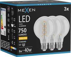 Mexen Vintis 3x Žárovka filament spirala LED E27, G80, 8W, Teplá - 2700K, 750 lm, čirá - L165-E27-0827-00x03