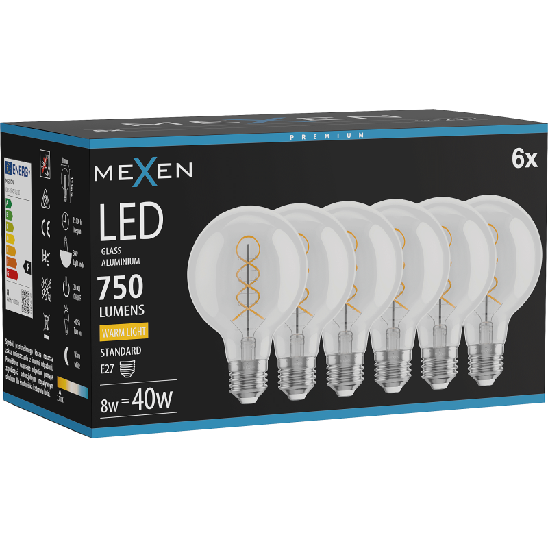 Mexen Vintis 6x žárovka filament spirála LED E27, G80, 8W, Teplá - 2700K, 750 lm, čirá - L165-E27-0827-00x06