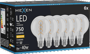 Mexen Vintis 6x žárovka filament spirála LED E27, G80, 8W, Teplá - 2700K, 750 lm, čirá - L165-E27-0827-00x06