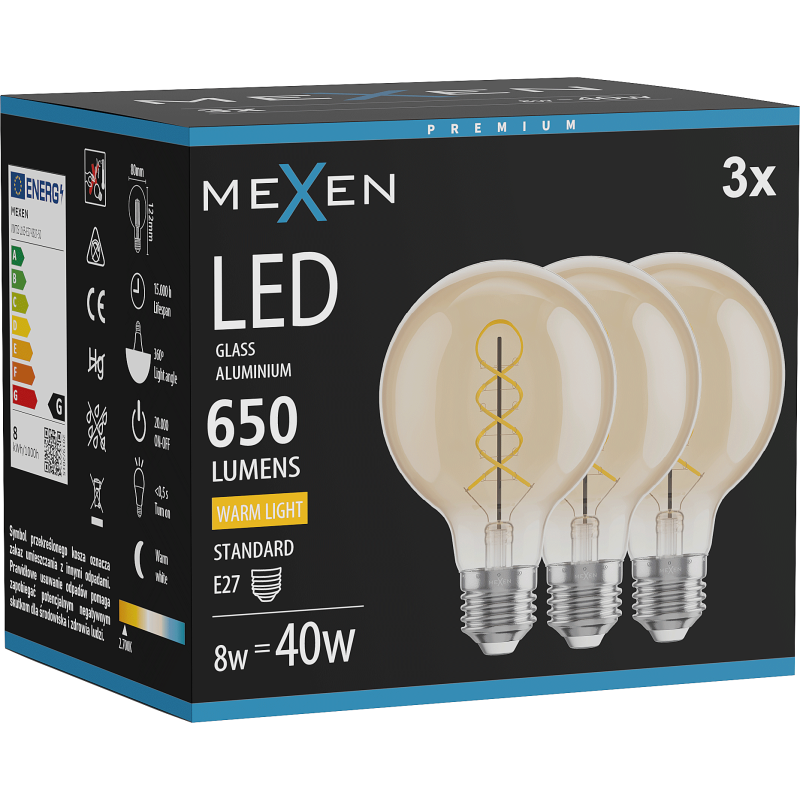 Mexen Vintis 3x žárovka filament spirála LED E27, G80, 8W, Teplá - 2700K, 650 lm, amber - L165-E27-0827-50x03