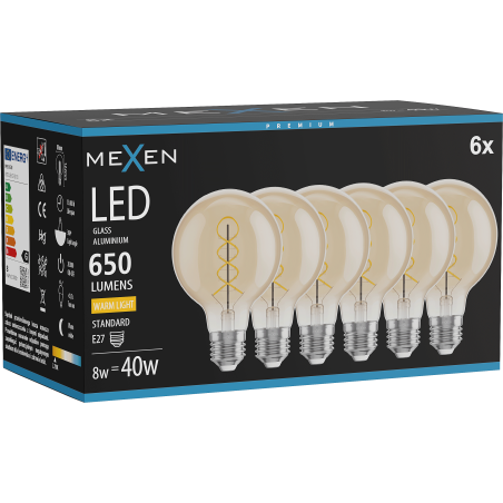 Mexen Vintis 6x žárovka filament spirála LED E27, G80, 8W, Teplá - 2700K, 650 lm, amber - L165-E27-0827-50x06