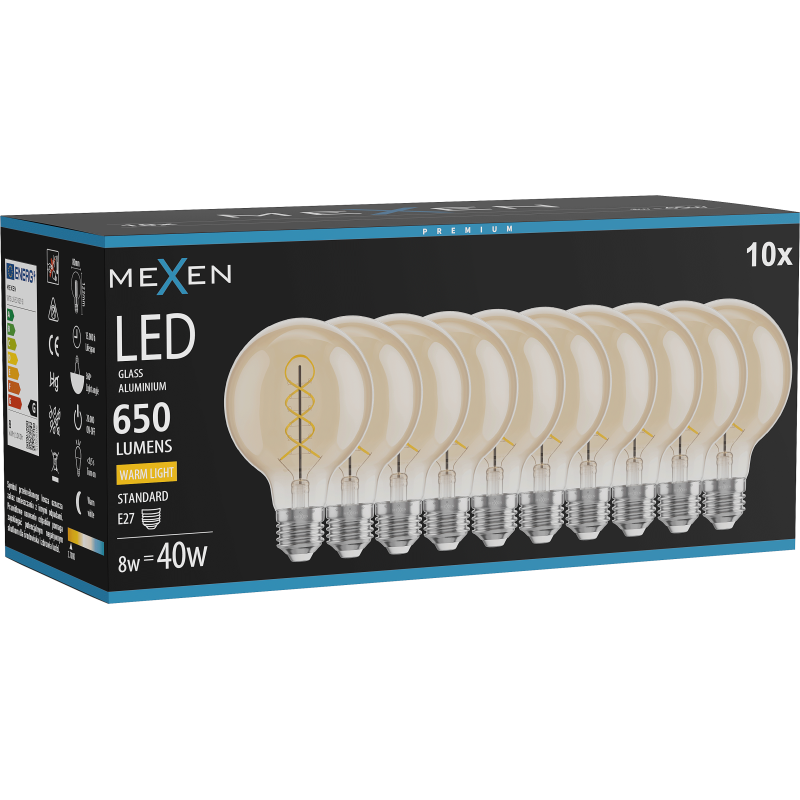 Mexen Vintis 10x žárovka filament spirála LED E27, G80, 8W, Teplá - 2700K, 650 lm, jantár - L165-E27-0827-50x10