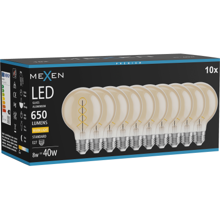 Mexen Vintis 10x žárovka filament spirála LED E27, G80, 8W, Teplá - 2700K, 650 lm, jantár - L165-E27-0827-50x10
