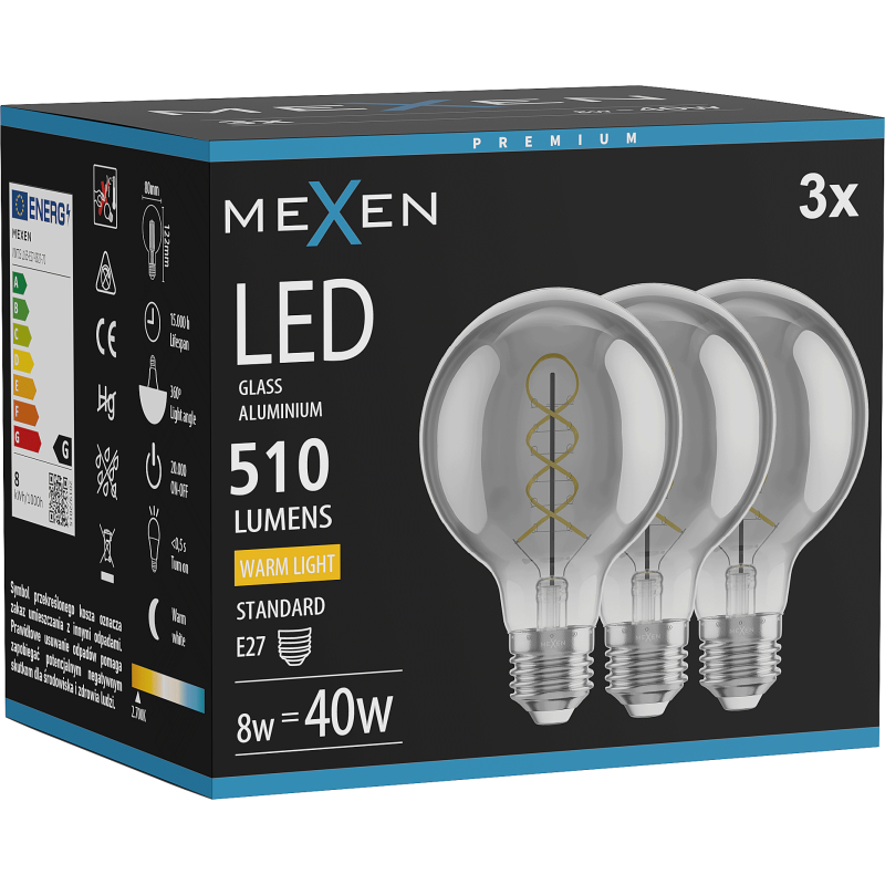 Mexen Vintis 3x žárovka filament spirála LED E27, G80, 8W, Teplá - 2700K, 510 lm, kouřová - L165-E27-0827-70x03