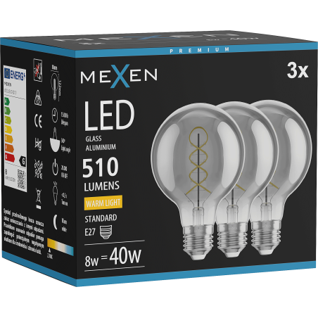 Mexen Vintis 3x žárovka filament spirála LED E27, G80, 8W, Teplá - 2700K, 510 lm, kouřová - L165-E27-0827-70x03
