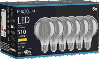 Mexen Vintis 6x žárovka filament spirála LED E27, G80, 8W, Teplá - 2700K, 510 lm, kouřová - L165-E27-0827-70x06