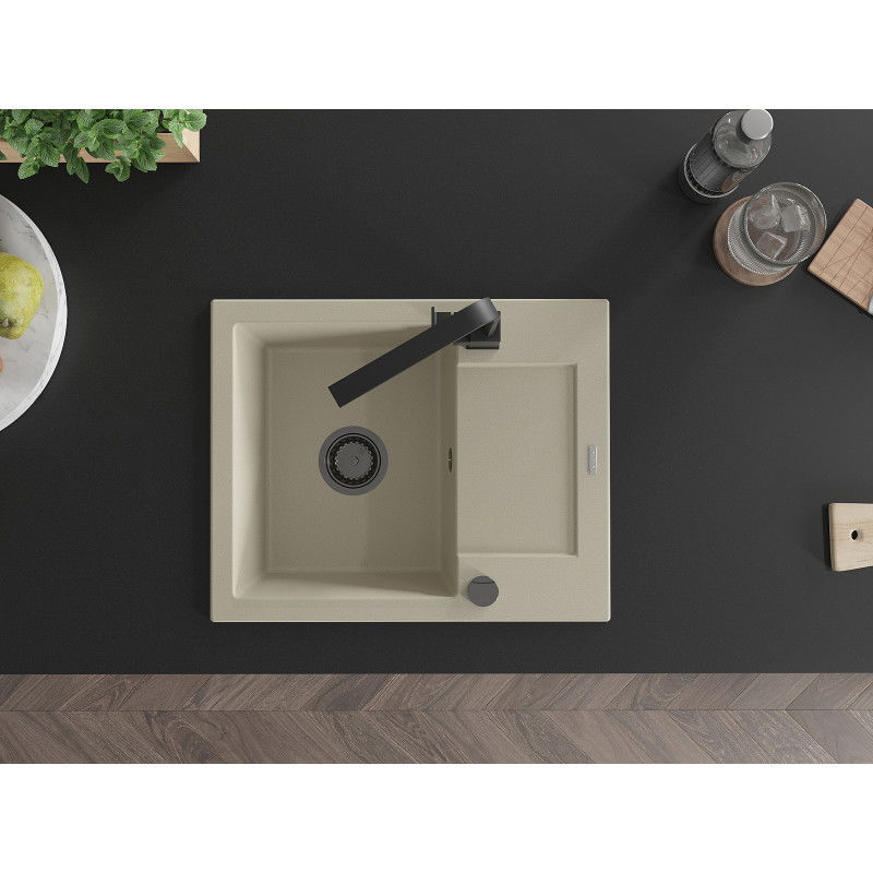 Mexen Enzo granitový dřez 1-komorový s odkapávačem a kuchyňskou baterií Rita, béžový - 6506-69-670300-70