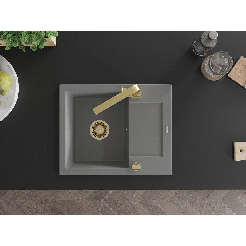 Mexen Enzo granitový dřez s 1 komorou, odkapávačem a kuchyňskou baterií Rita, šedý - 6506-71-670300-50
