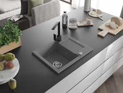 Mexen Enzo granitový dřez 1-komorový s odkapávačem a kuchyňskou baterií Rita, šedý - 6506-71-670300-70