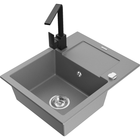 Mexen Enzo granitový dřez 1-komorový s odkapávačem a kuchyňskou baterií Rita, šedý - 6506-71-670300-70